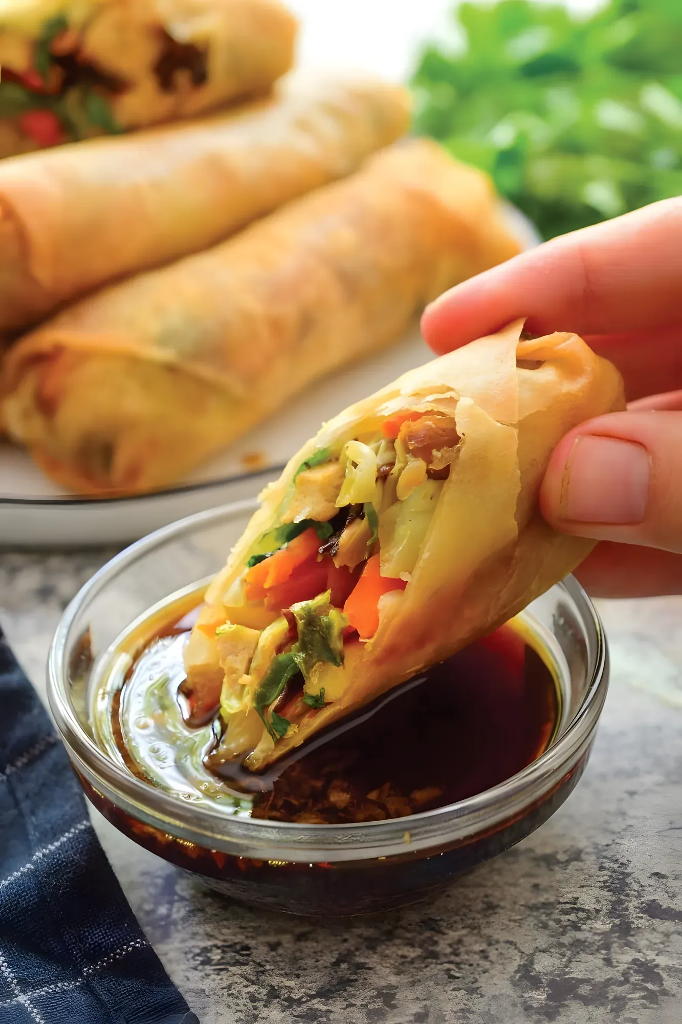 Vegetable roll dipped in sauce